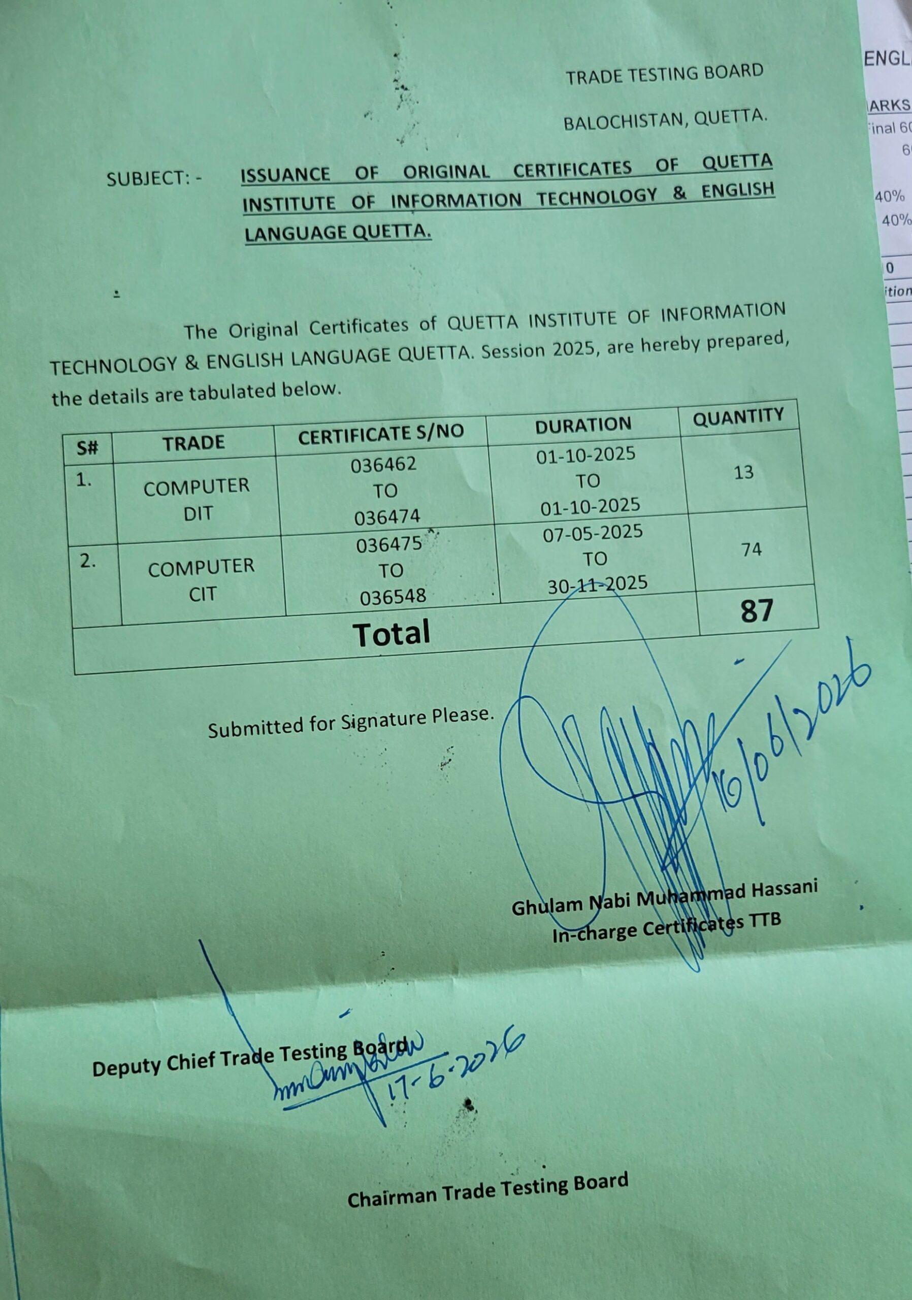Trade Testing Board (TTB) Result QITEL
